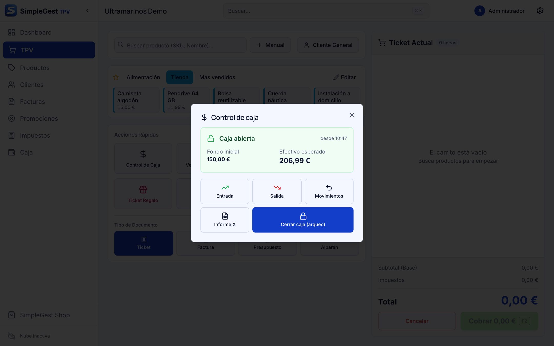 Ventana Control de caja con la caja abierta, el fondo inicial y las acciones
