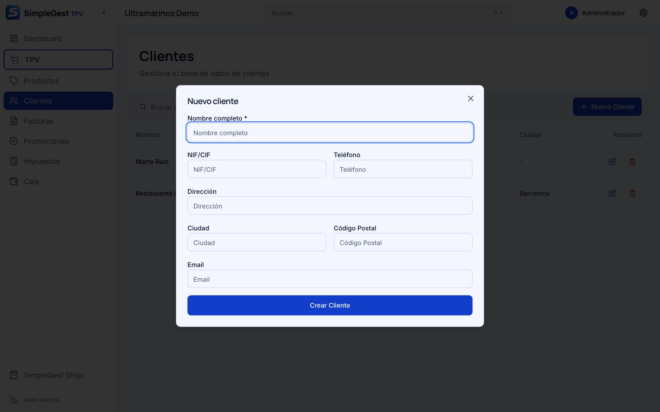 Formulario Nuevo cliente