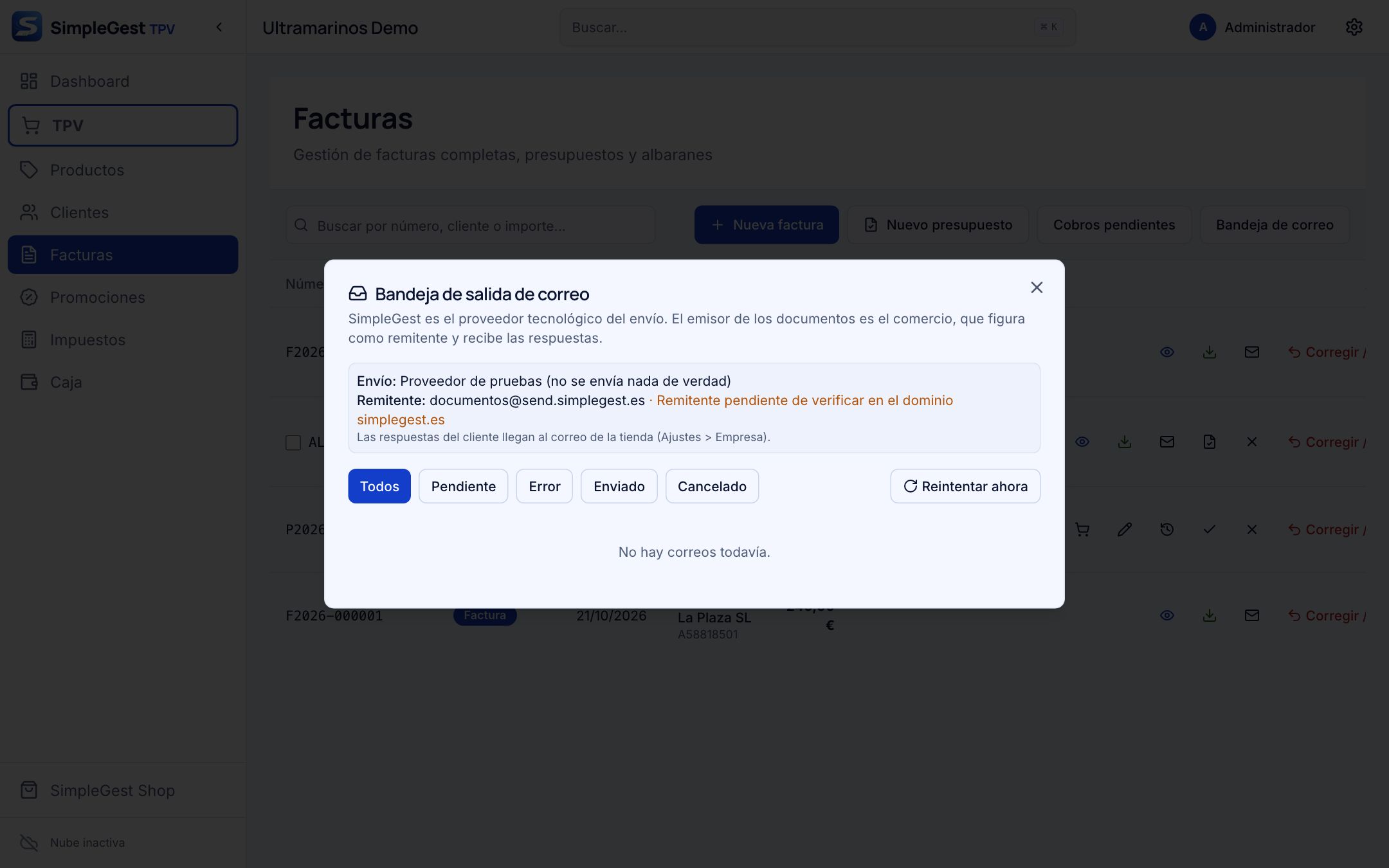 Bandeja de salida de correo con el estado del envío y el remitente