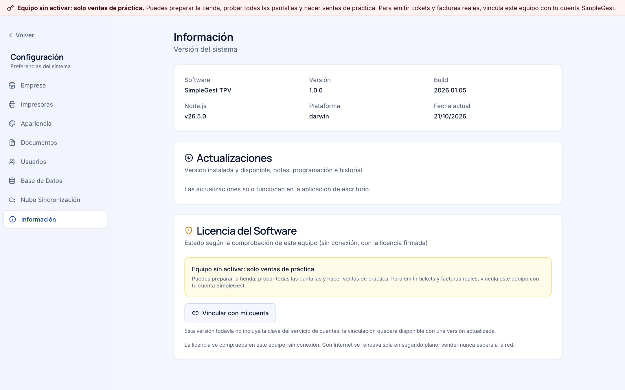 Ajustes, Información: tarjeta Licencia del Software con el estado Equipo sin activar: solo ventas de práctica y el botón Vincular con mi cuenta