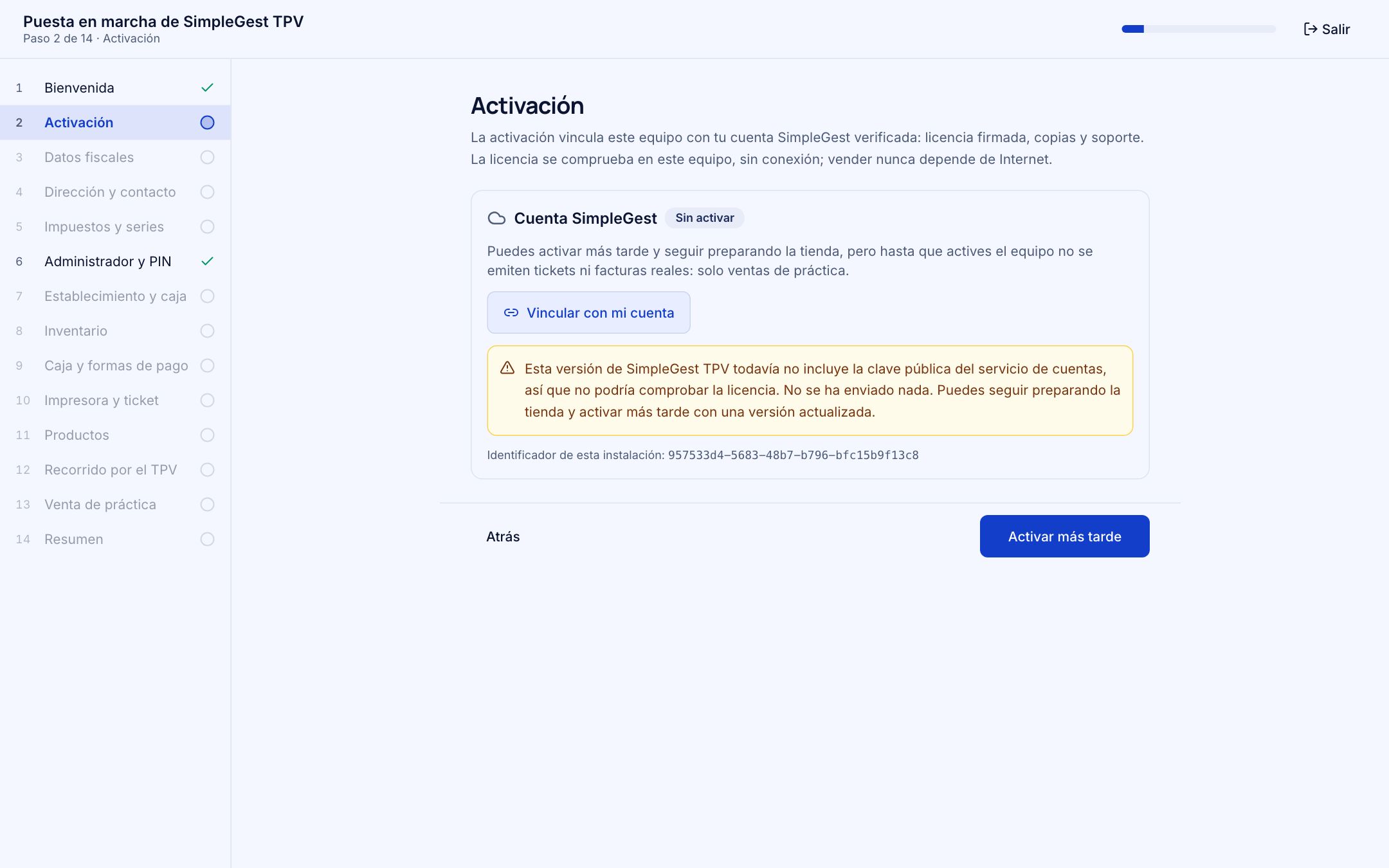 Paso 2 de la puesta en marcha: cuenta SimpleGest sin activar y aviso de que esta versión aún no incluye la clave del servicio de cuentas