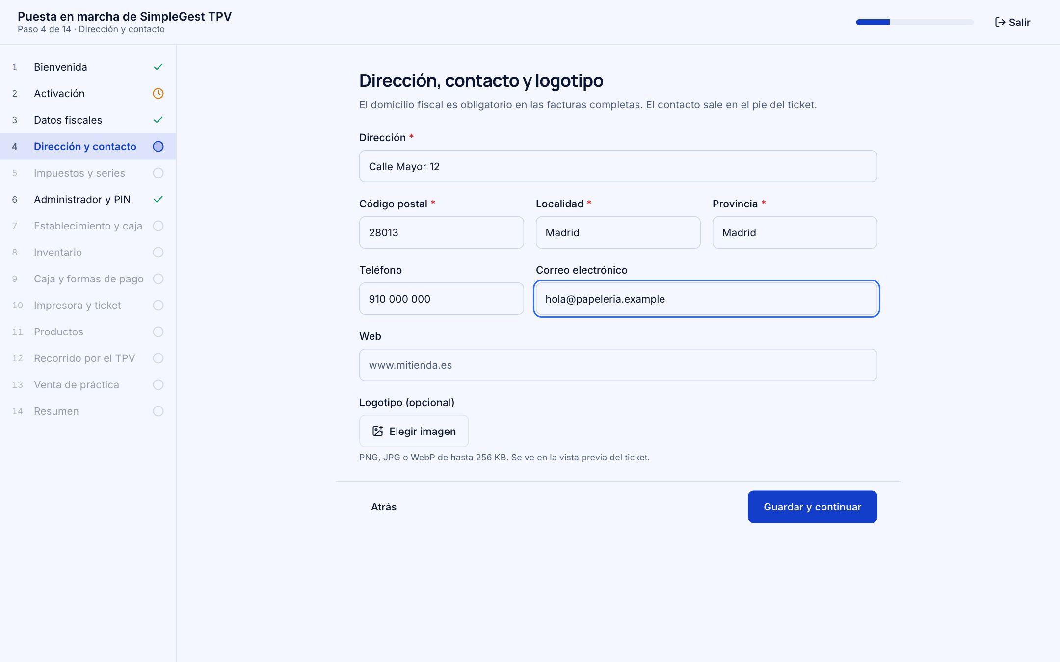 Paso 4: dirección, código postal, localidad, teléfono y correo