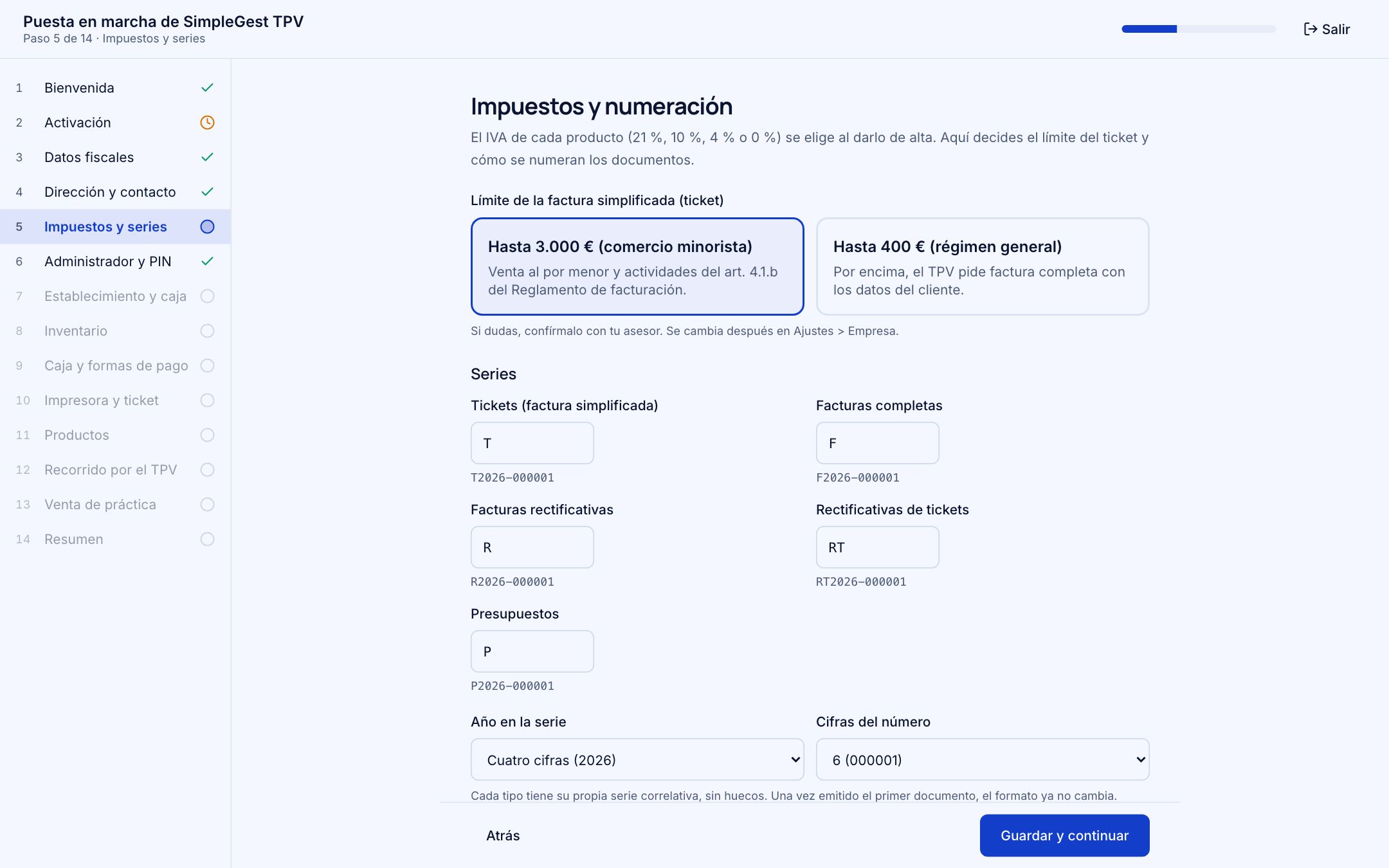 Paso 5: límite del ticket y series de numeración