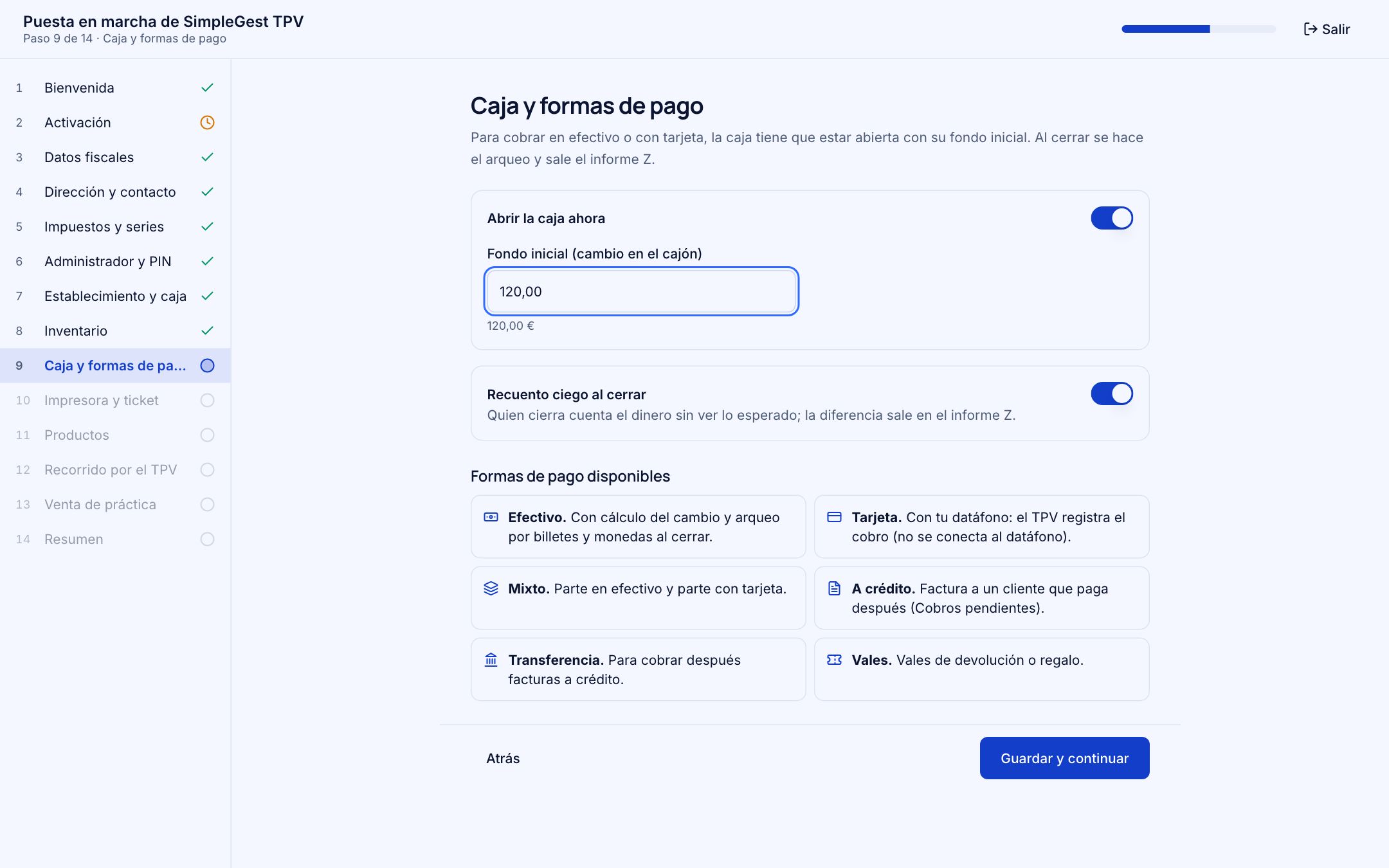 Paso 9: abrir la caja con el fondo inicial y recuento ciego