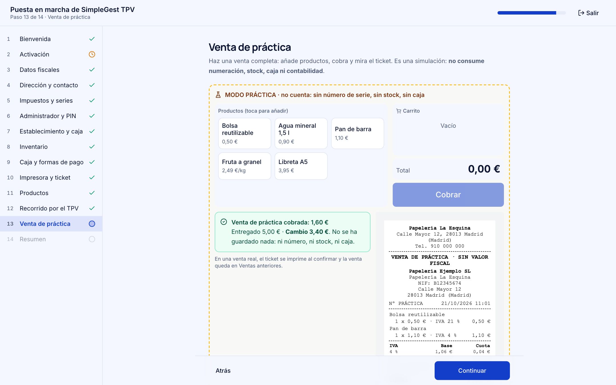 Puesta en marcha: venta de práctica sin valor fiscal