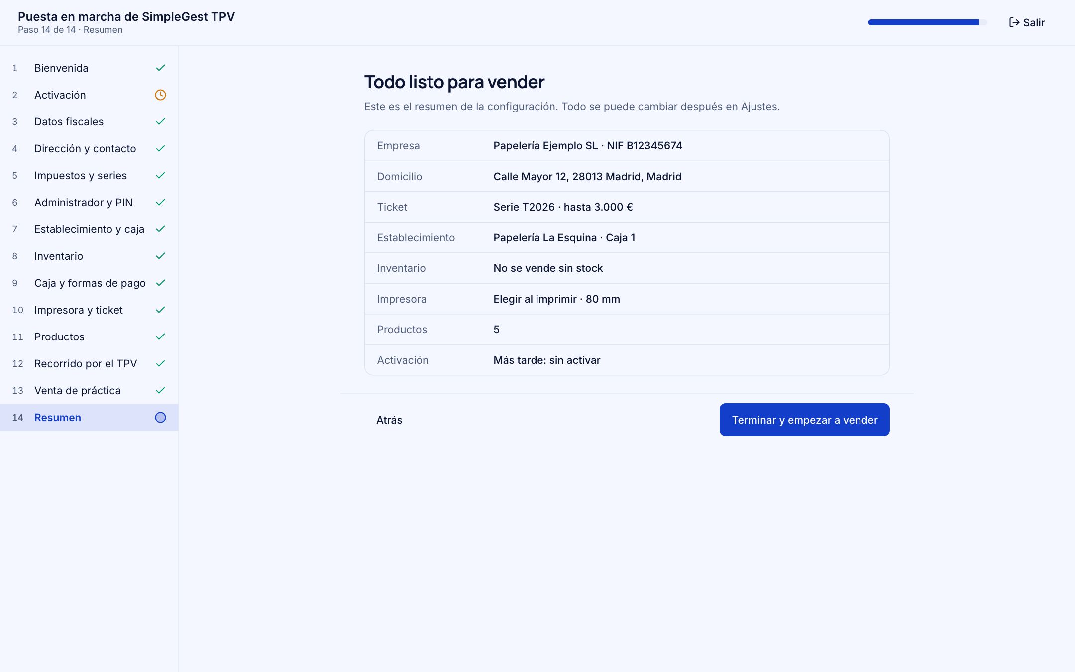 Paso 14: resumen de la configuración y botón Terminar y empezar a vender