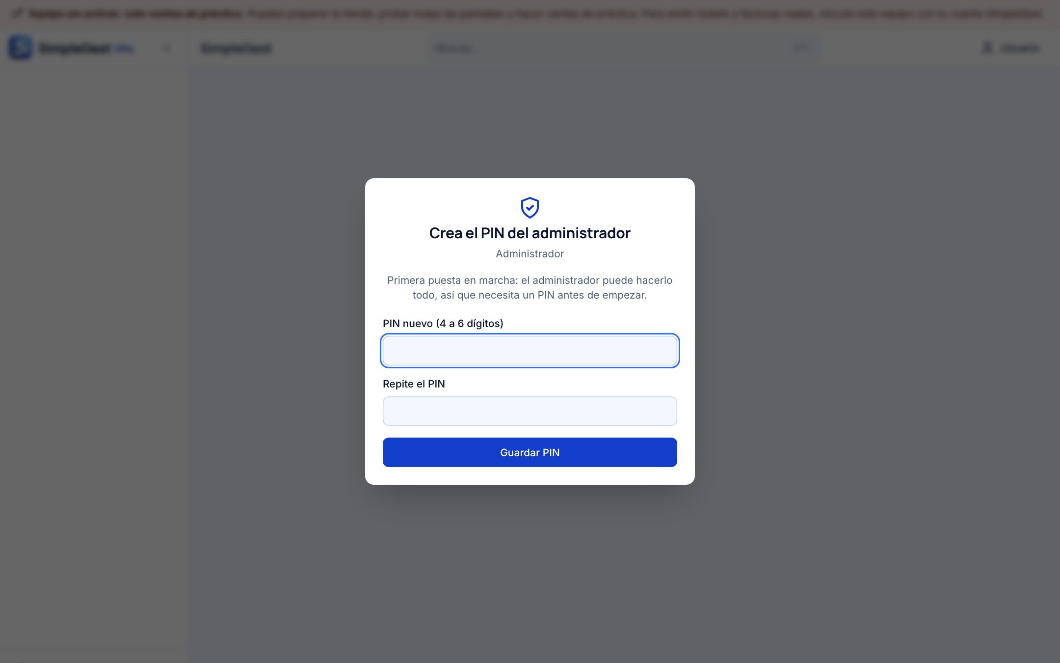 Pantalla Crea el PIN del administrador con los campos PIN nuevo y Repite el PIN