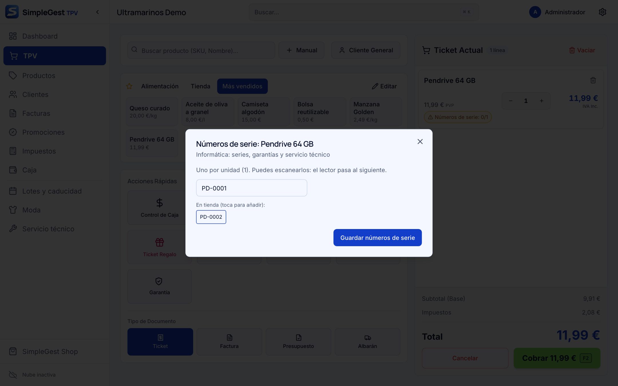 Diálogo Números de serie del TPV con las unidades disponibles en tienda