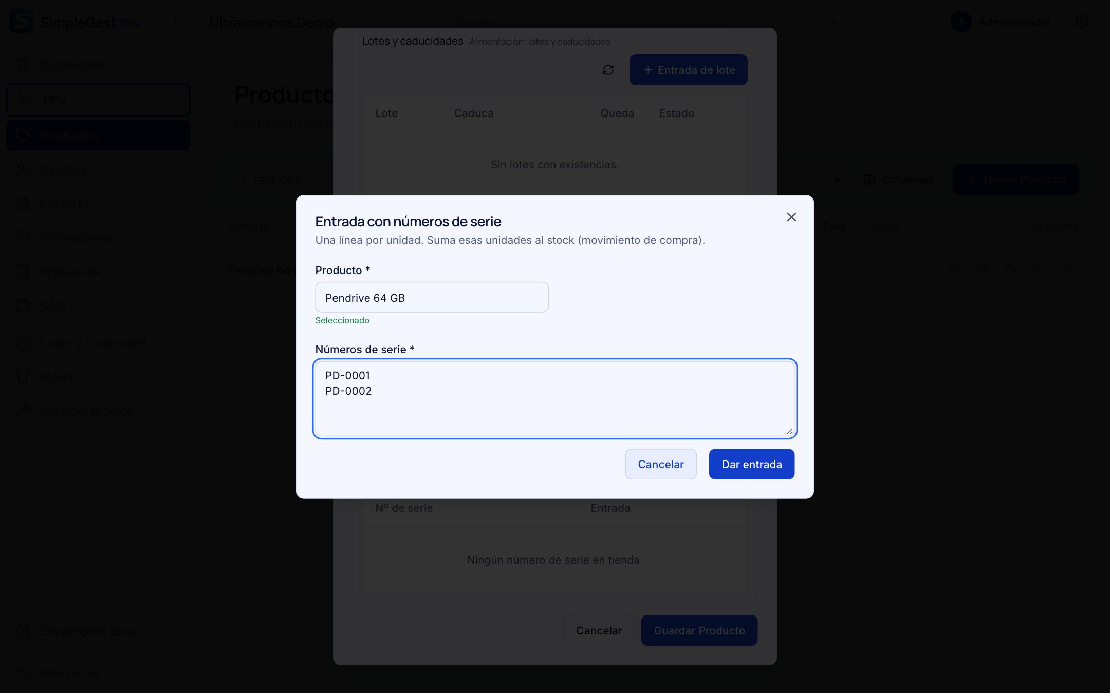 Formulario Entrada con números de serie con dos números escritos