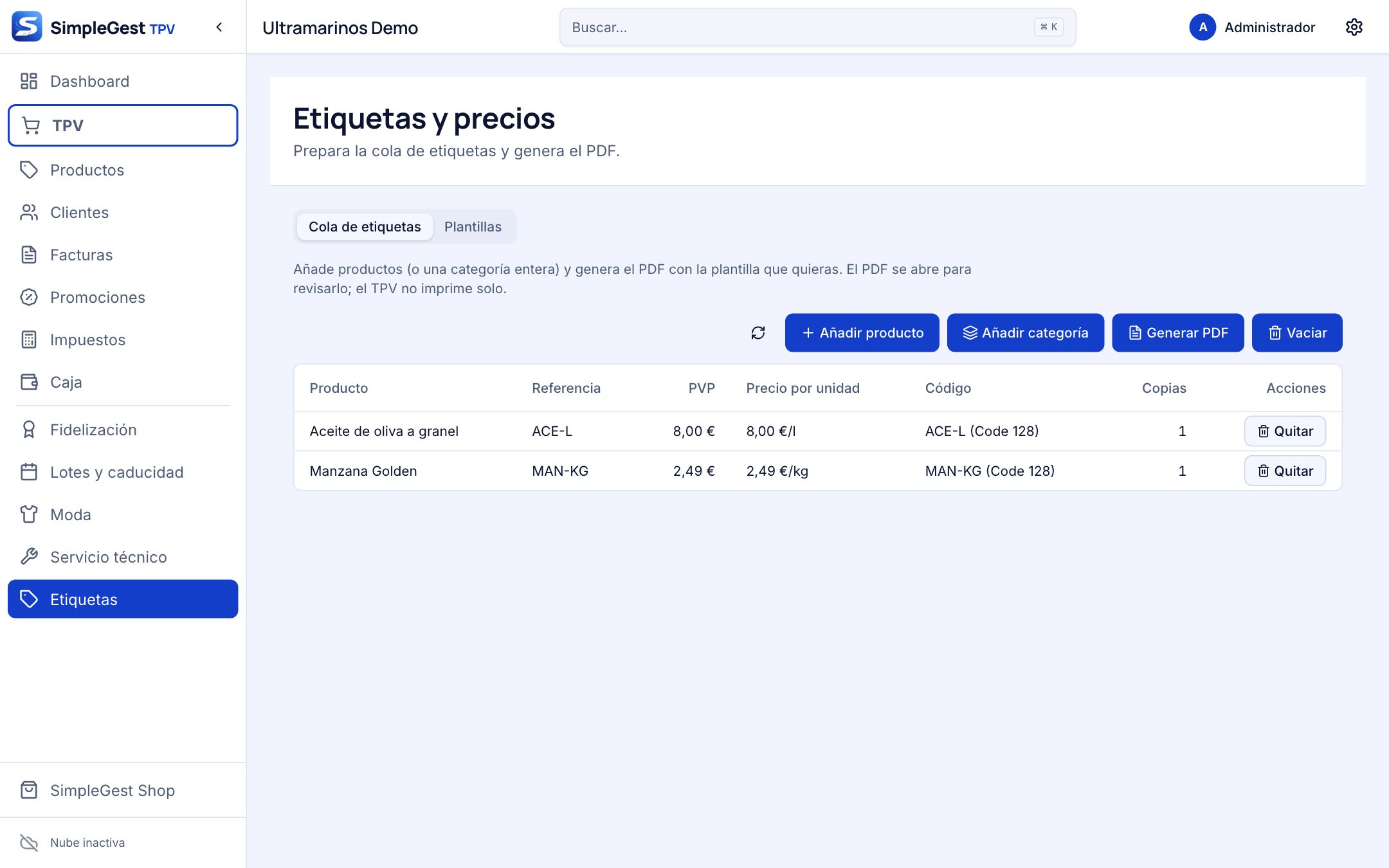 Cola de etiquetas con productos de la categoría Alimentación