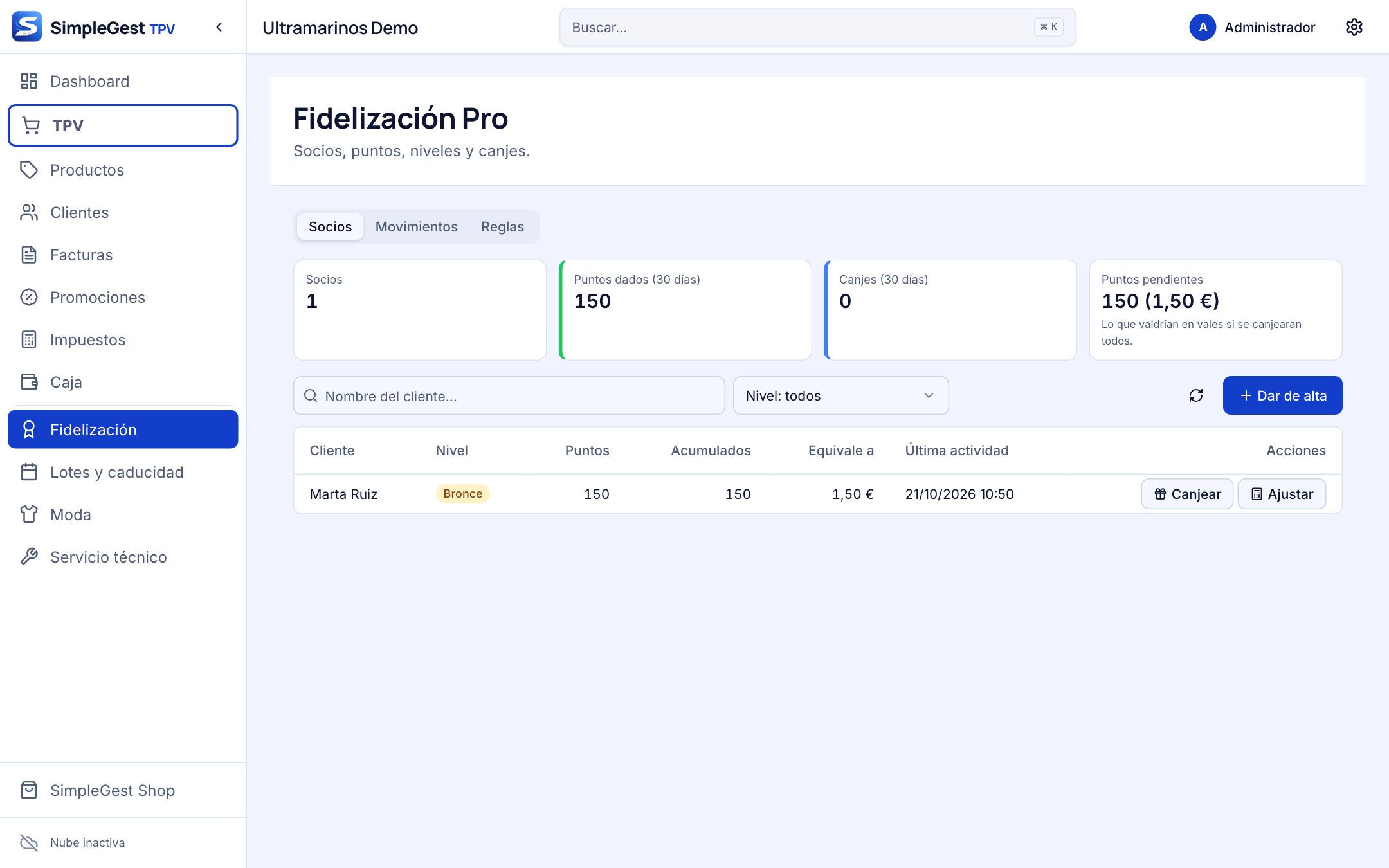 Pantalla Fidelización con la lista de socios