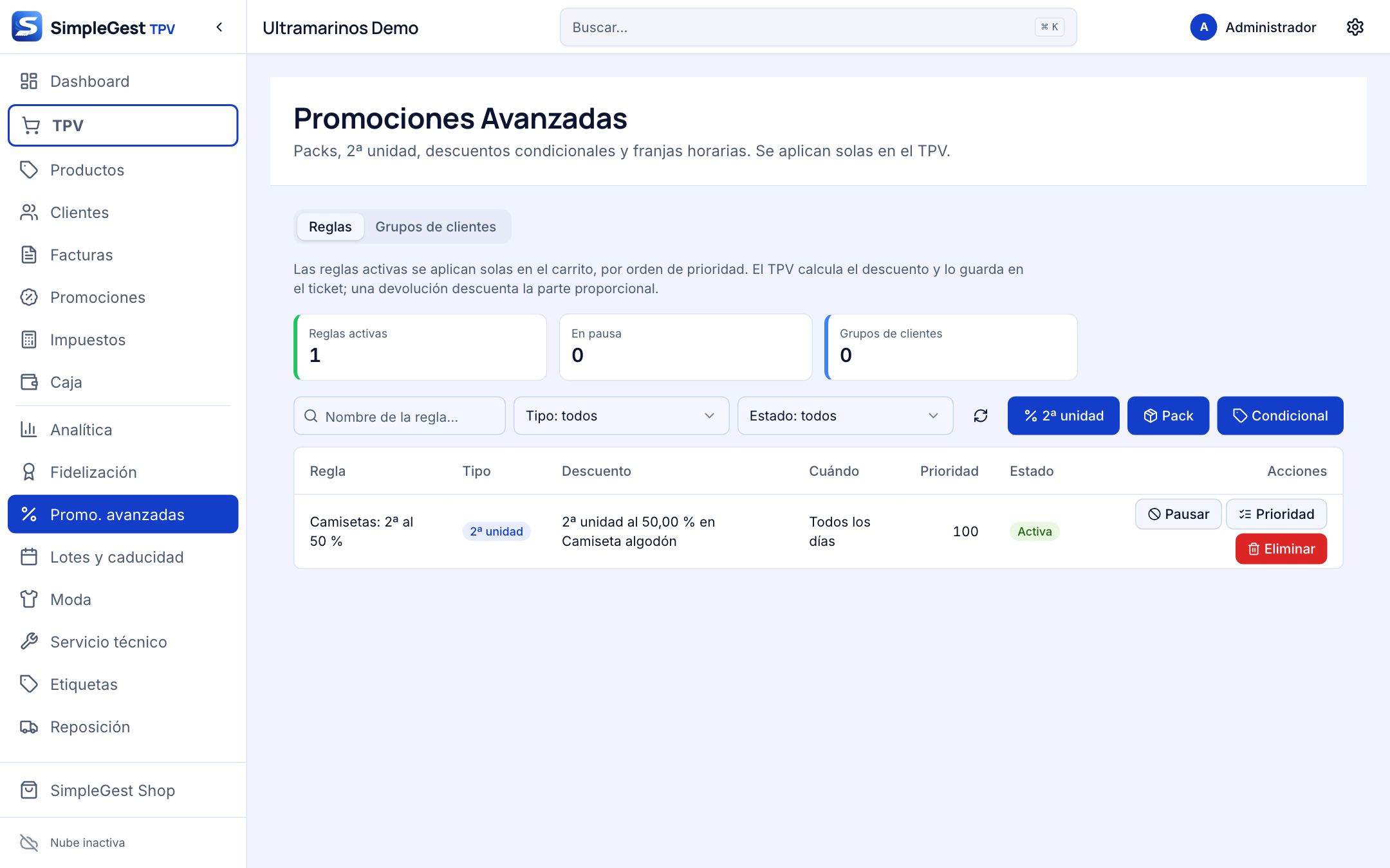 Pestaña Reglas de Promociones Avanzadas con una regla de 2ª unidad activa