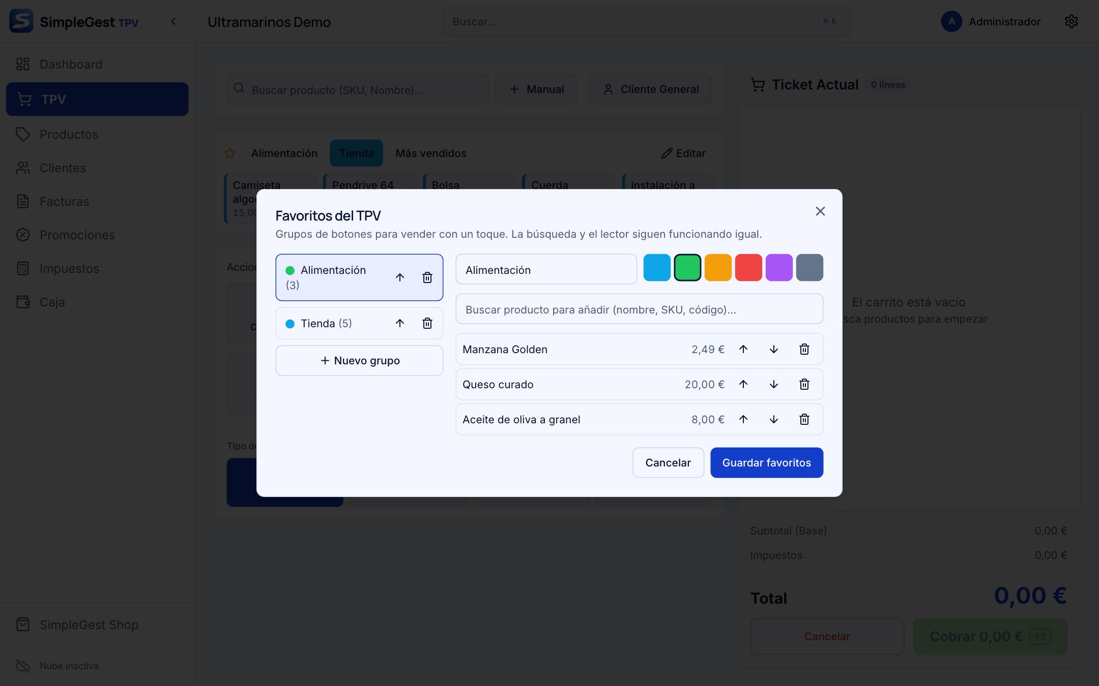 Editor de favoritos del TPV con grupos y productos