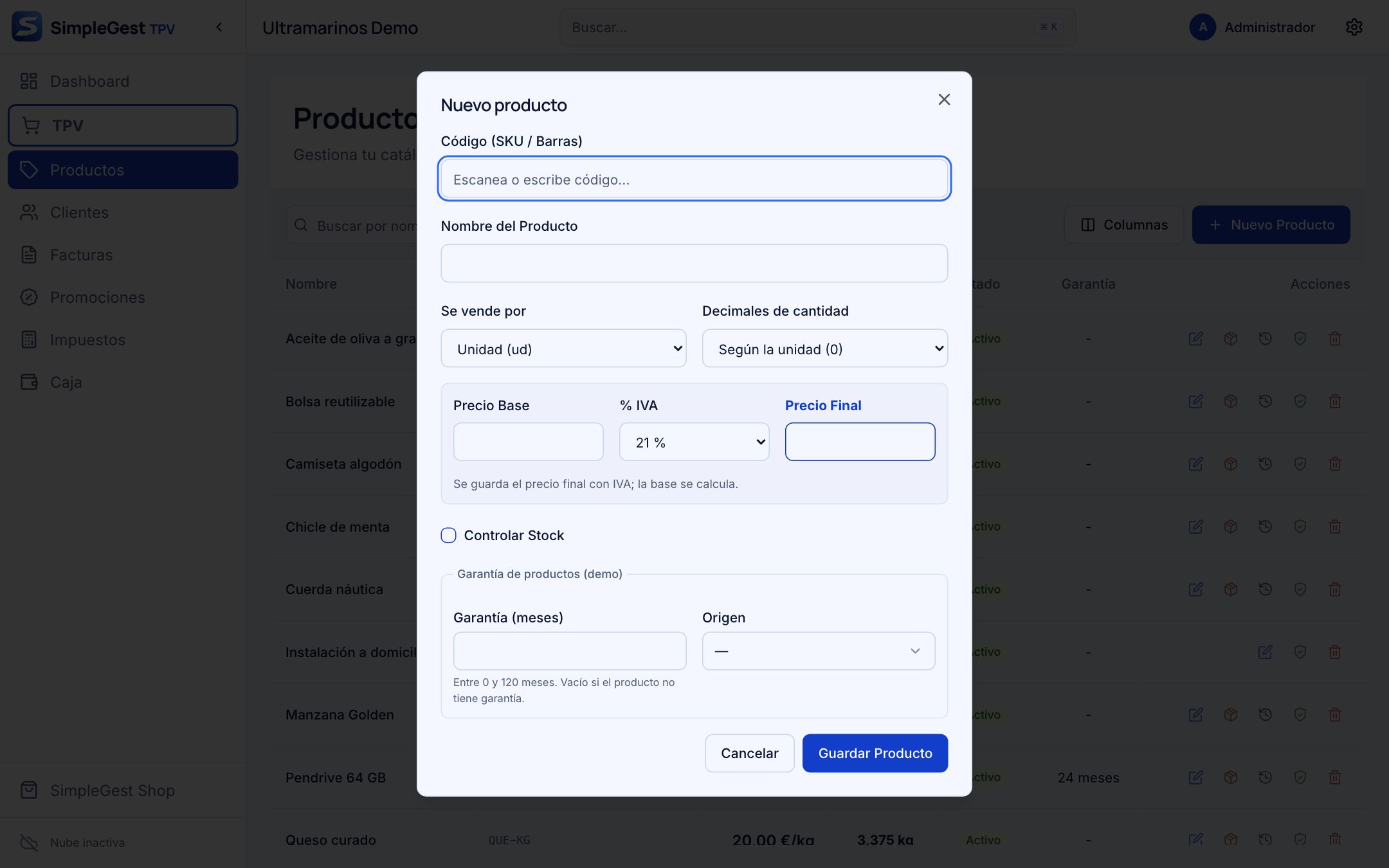 Formulario Nuevo producto con código, nombre, unidad, precios e IVA