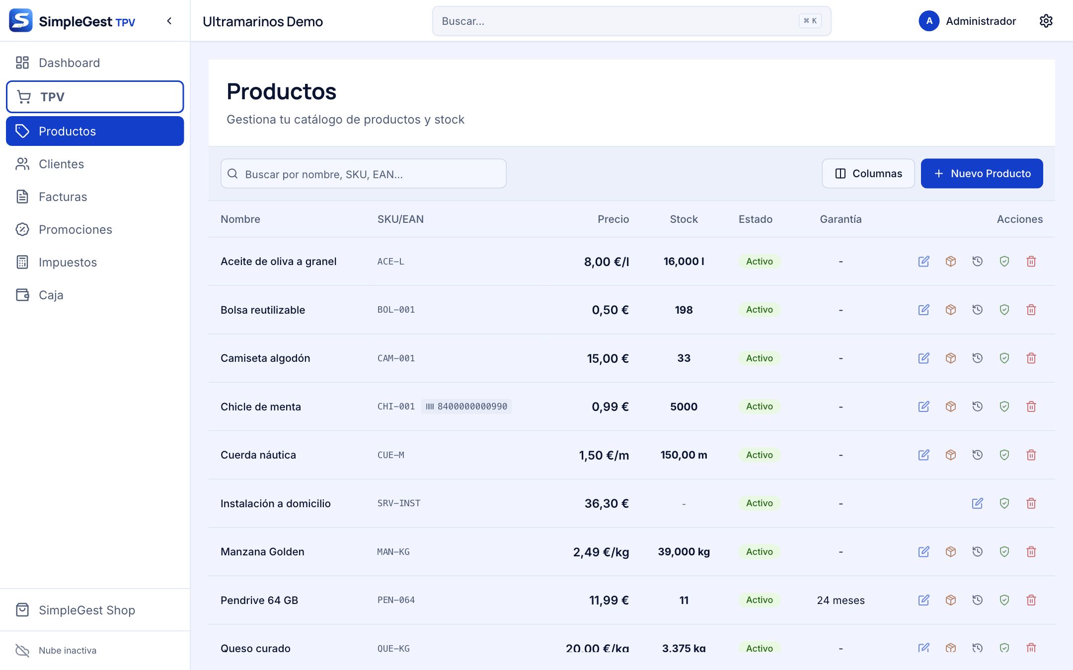 Lista de productos con stock