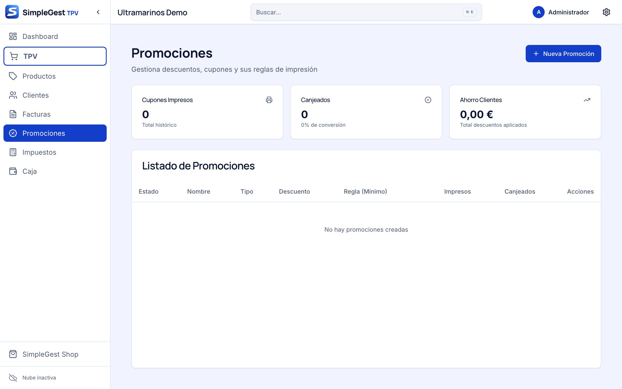 Pantalla Promociones con indicadores y el listado de promociones
