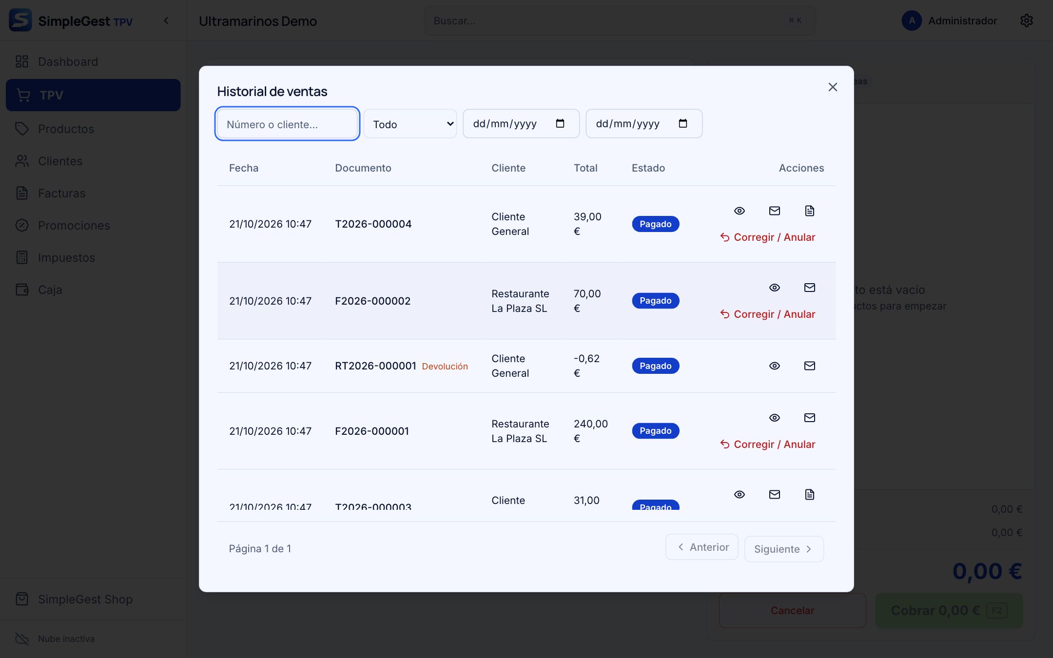 Historial de ventas con filtros, documentos y acciones