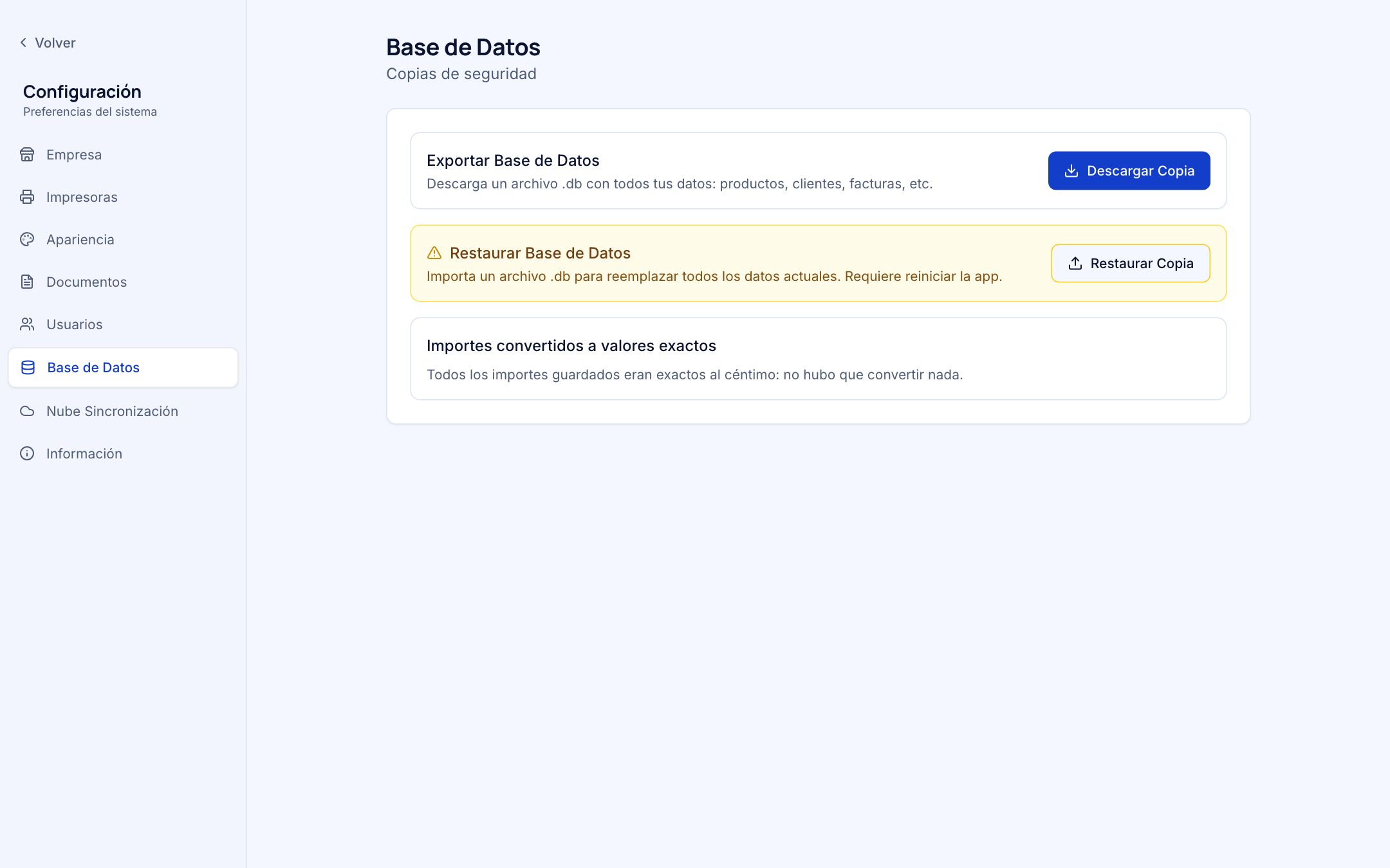 Ajustes, Base de Datos: Descargar Copia y Restaurar Copia
