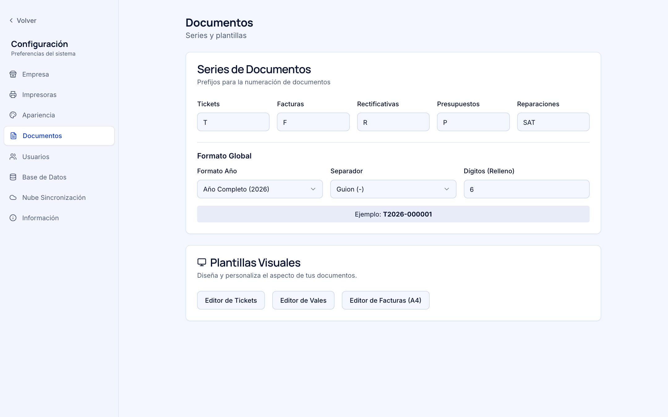 Ajustes, sección Documentos, con los prefijos de las series y el formato de numeración