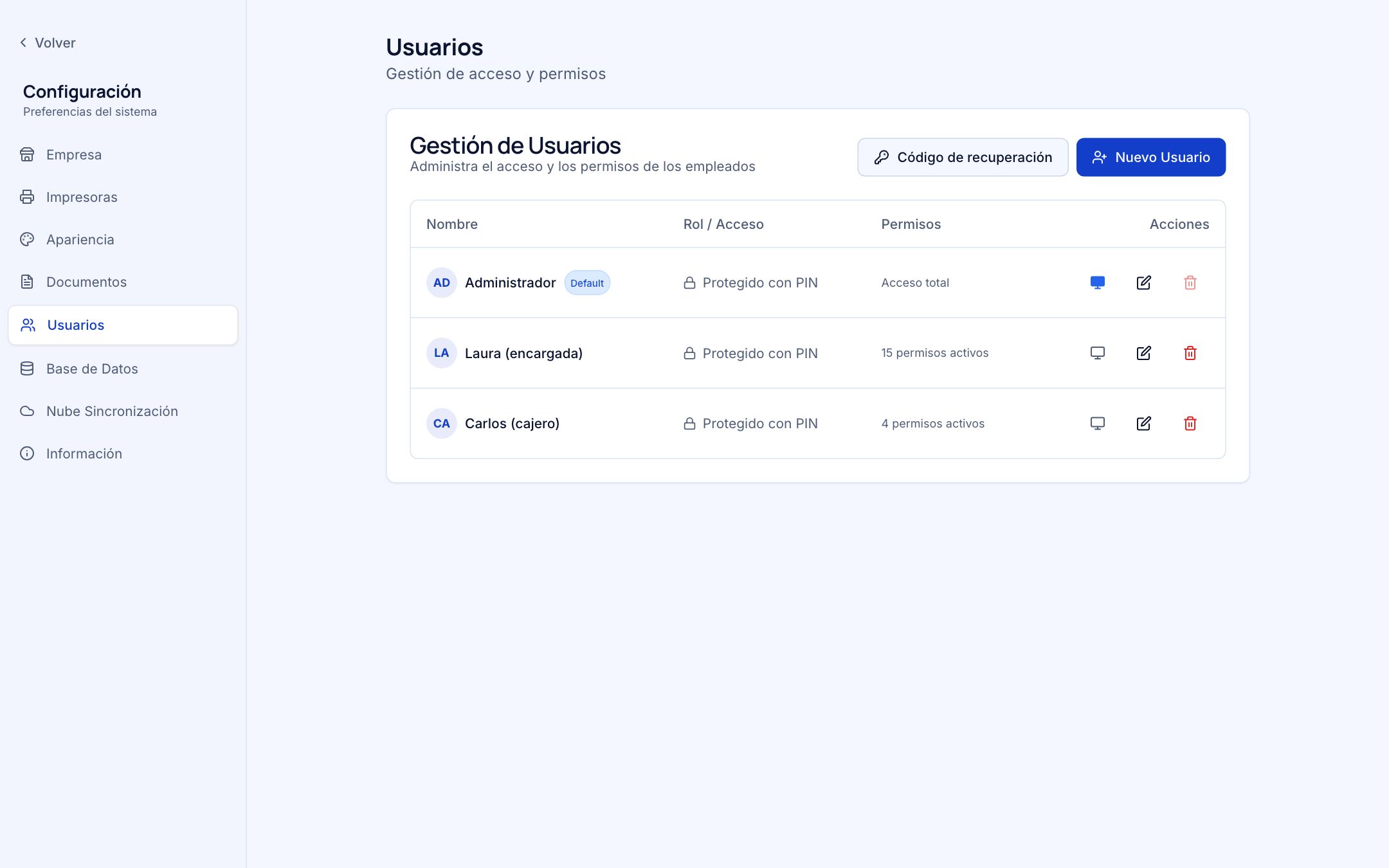 Gestión de usuarios con PIN
