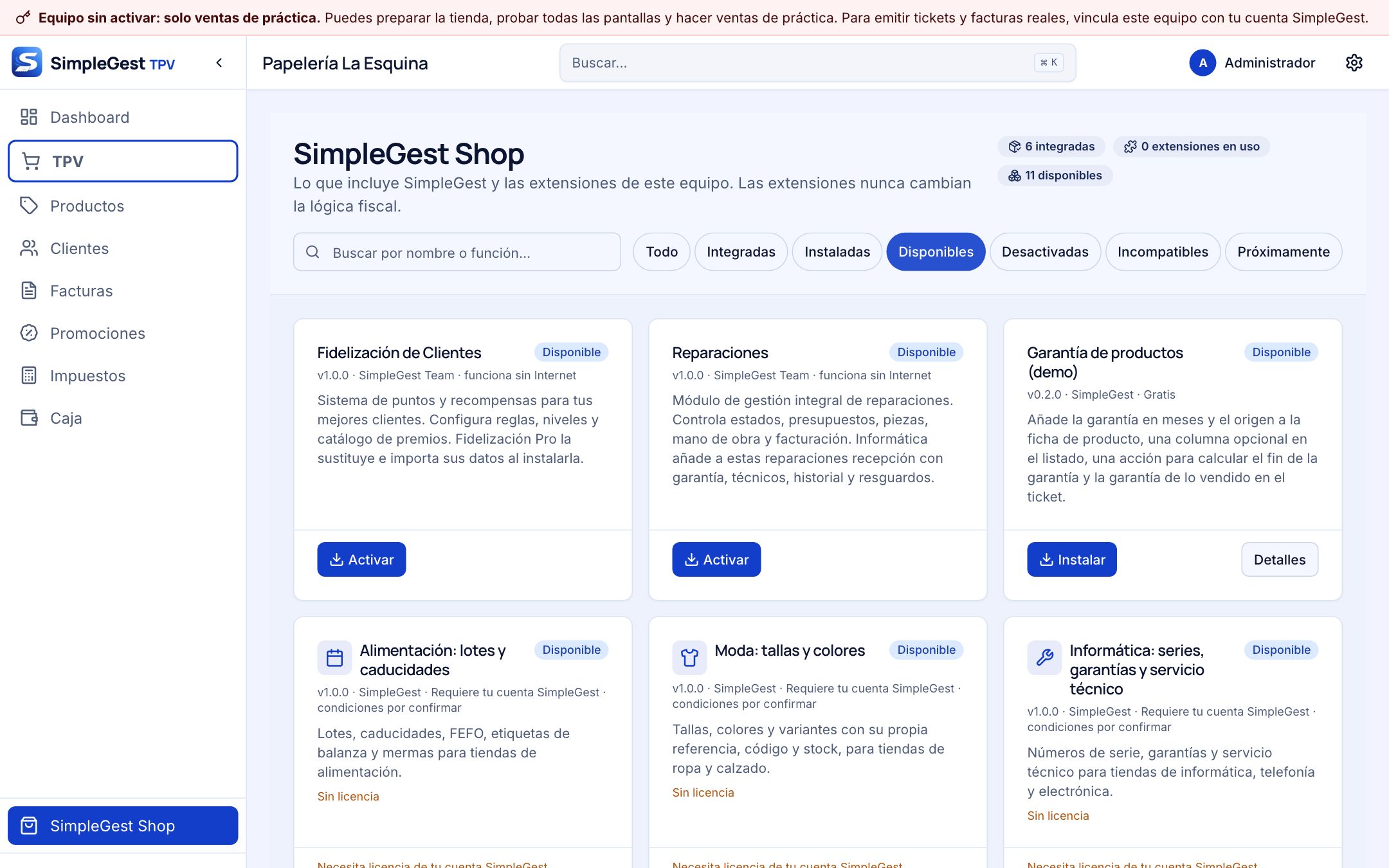 SimpleGest Shop en una instalación sin activar: módulos anteriores con Activar, Garantía de productos con Instalar y las extensiones de pago con «Requiere tu cuenta SimpleGest · condiciones por confirmar» y «Sin licencia»