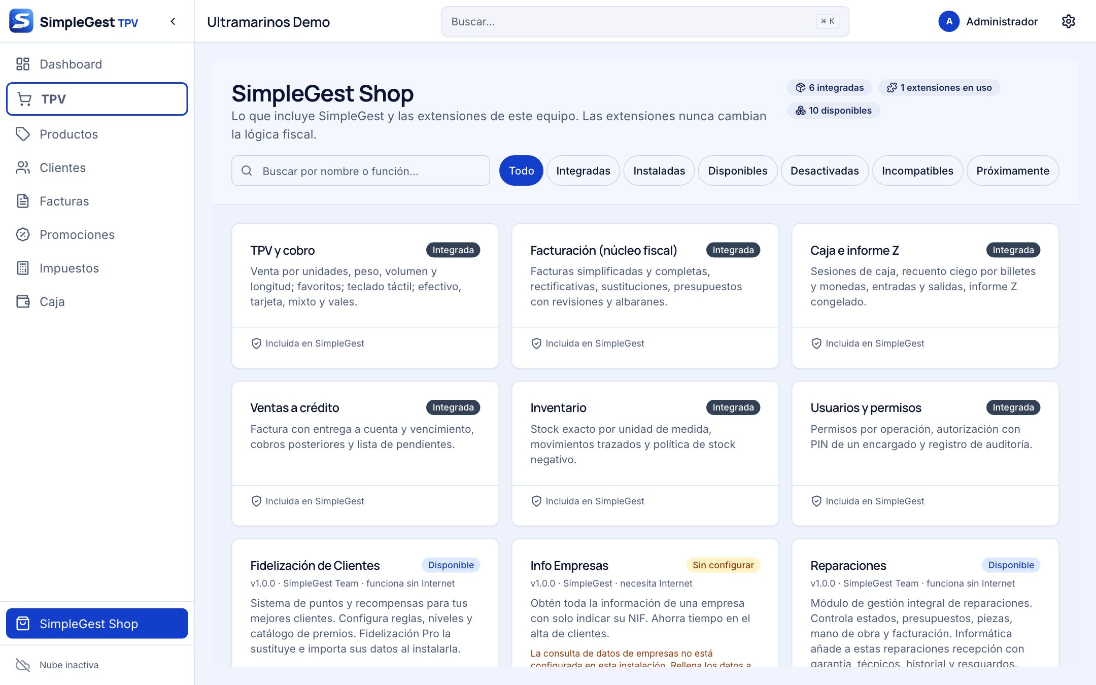 Pantalla de SimpleGest Shop con funciones integradas, extensiones disponibles y la extensión de garantía activa