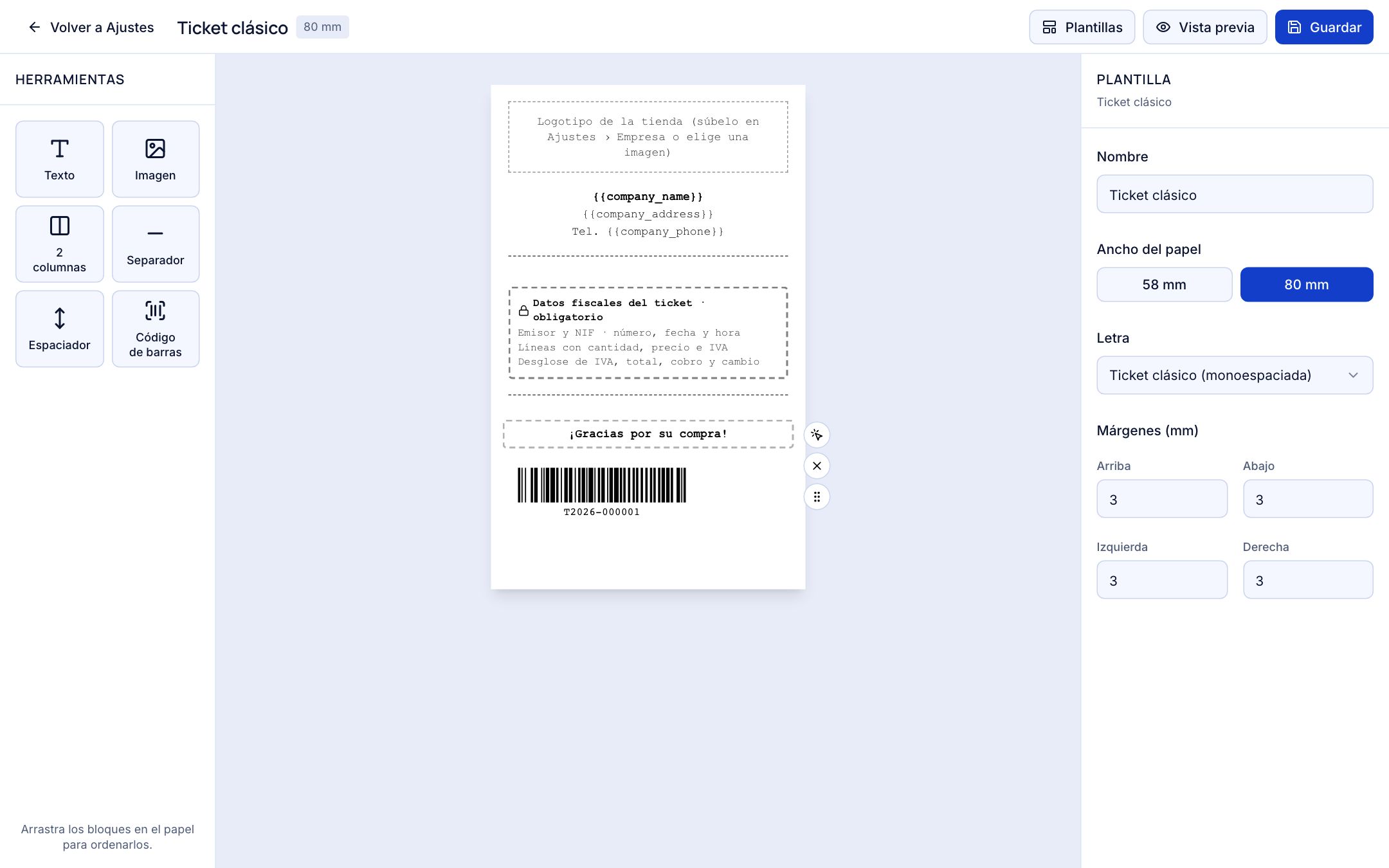 Editor de tickets: herramientas a la izquierda, el ticket con el bloque obligatorio Datos fiscales del ticket en el centro y las propiedades de la plantilla a la derecha